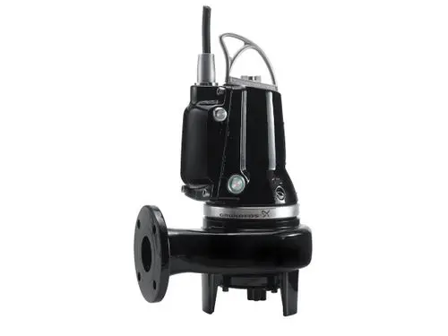 Schwarze Tauchmotorpumpe von Grundfos mit einem Anschlussflansch und einem elektrischen Kabel oben.